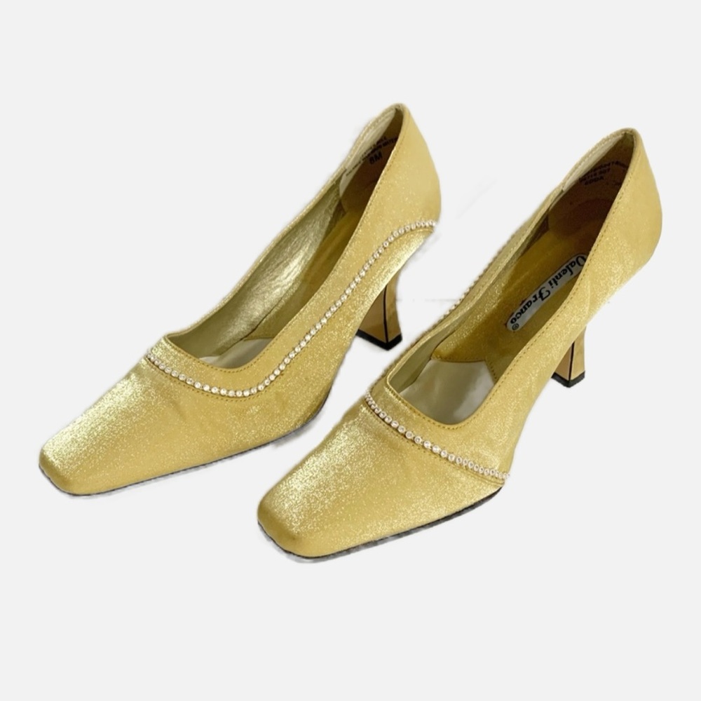 Vintage Valenti Franco Gold Fabric Spool Heel Shoe Rhinestone Detail Squared Toe